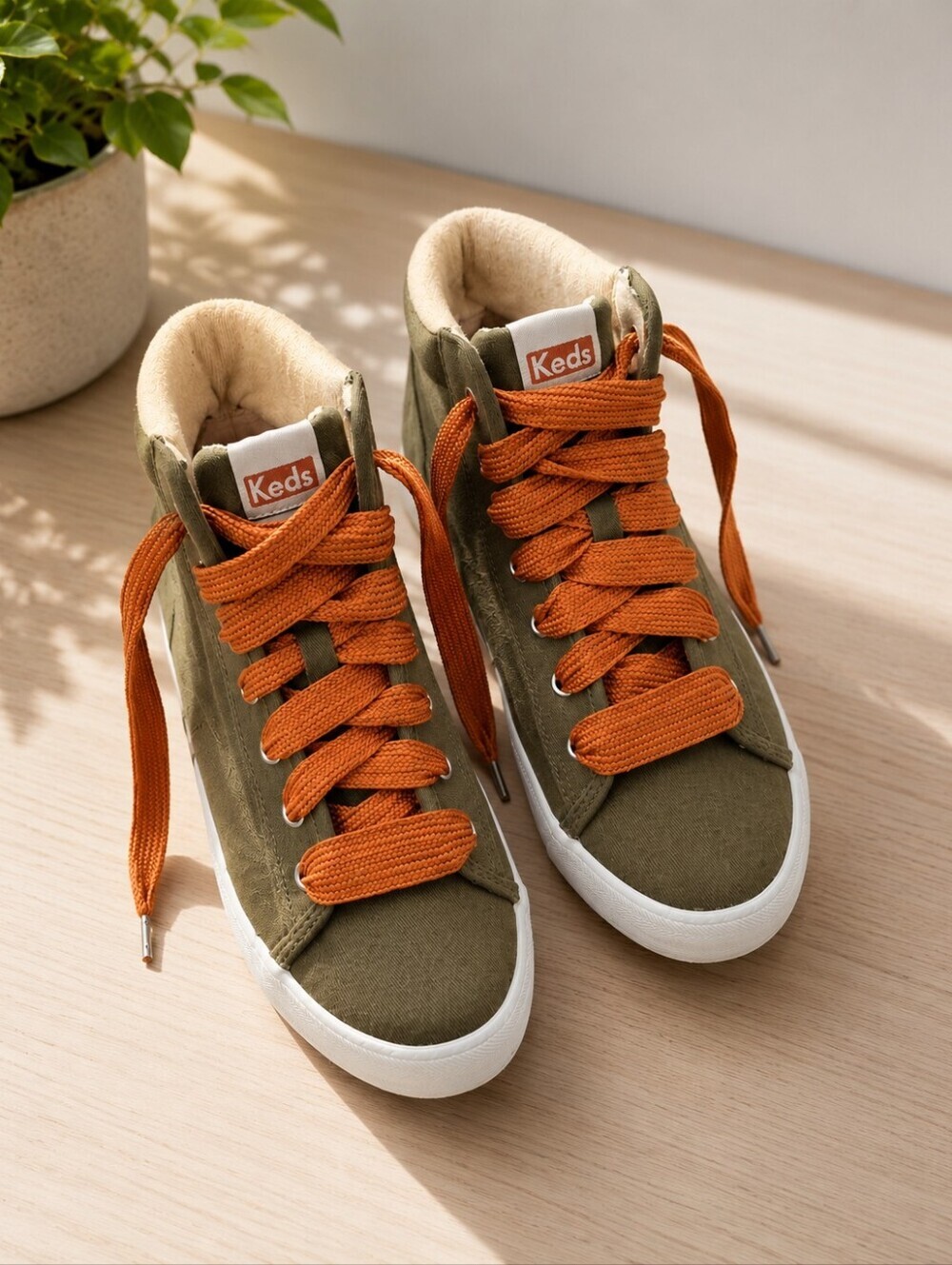 Keds Kickstart HI canvas Sneakers in Olive with Orange Laces. Ladies 7